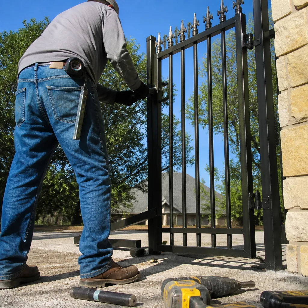 Professional contractor installing a custom black metal security gate.