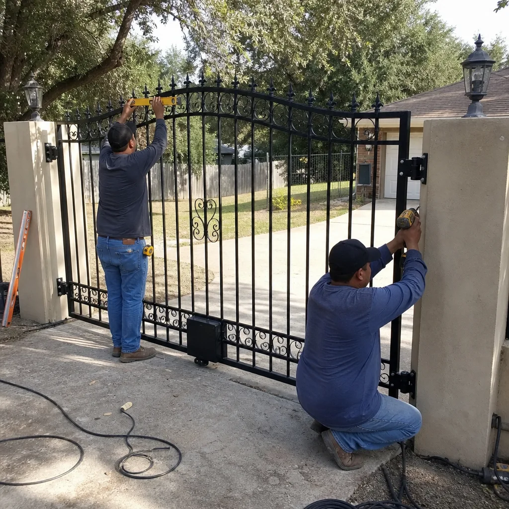 professional technicians installing and aligning a custom metal driveway gate