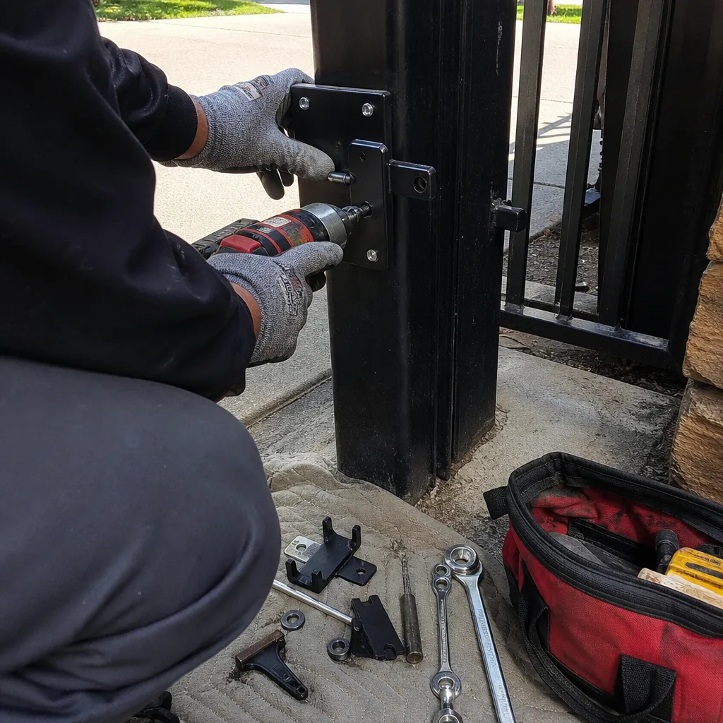 Technician using a power drill to perform metal gate latch repair.